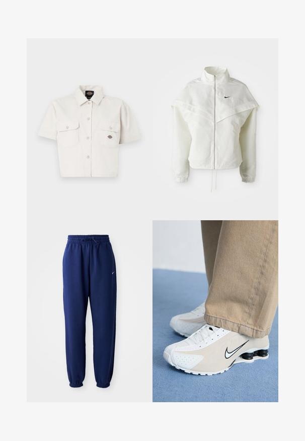 Balta ilga rankovė zip-up striukė su aukštu apykakle, švarkelio tipo detalėmis ant pečių, elastingomis rankovėmis ir mažuoju juodu Nike logotipu ant krūtinės.; Trumpas rankovėmis baltas marškiniai, pagaminti iš medvilnės, su dviem krūtinės kišenėmis, mygtukų užsegimu priekyje ir logotipo uždėjimu kairėje kišenėje.; Tamsiai mėlynos sportinės kelnės, pagamintos iš minkštos medžiagos, su elastingu juosmeniu ir raišteliu, elastinėmis rankovėmis ir mažuoju baltu logotipu.; Balti ir šviesiai rudi Nike sportbačiai su perforuotu dizainu, juodu swoosh logotipu, tekstūruotu paviršiumi ir išskirtiniu pavasariniu juodu kulnu.