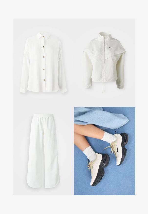 Chaqueta blanca de manga larga con cremallera y cuello alto, detalle tipo capa en los hombros, puños elásticos y pequeño logo negro de Nike en el pecho.; Camisa blanca de manga larga con un tejido texturizado, botonadura en la parte delantera, cuello y detalles en botones marrones. Diseño suave y casual.; Pantalones deportivos blancos de pierna ancha con una cinturilla acanalada y un sutil detalle de logo. Tela suave con un ajuste relajado y dobladillo ajustado.; Las zapatillas Nike Air Max presentan un diseño en beige y negro, con una parte superior suave, amortiguación de aire visible y suelas de goma planas.