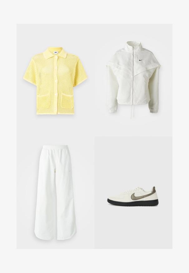 White long-sleeve zip-up jacket with high collar, cape-like detail across shoulders, elastic cuffs, and small black Nike logo on chest.; Short-sleeve, yellow mesh button-up shirt with a collar, featuring two front pockets and a loose fit. Textured pattern throughout.; White wide-leg athletic pants with a ribbed waistband and subtle logo detail. Smooth fabric with a relaxed fit and tapered hem.; Nike Sportswear FIELD GENERAL - Trainers - off-white/black