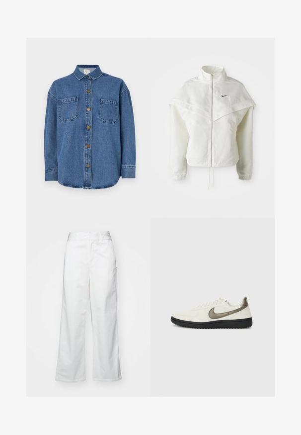White long-sleeve zip-up jacket with high collar, cape-like detail across shoulders, elastic cuffs, and small black Nike logo on chest.; Denim shirt in medium blue, featuring a button-up front, two chest pockets, and a collared neckline. Long sleeves with buttoned cuffs.; White wide-leg trousers made from cotton, featuring a smooth texture, straight fit, front pockets, and a clean hem.; Nike Sportswear FIELD GENERAL - Trainers - off-white/black