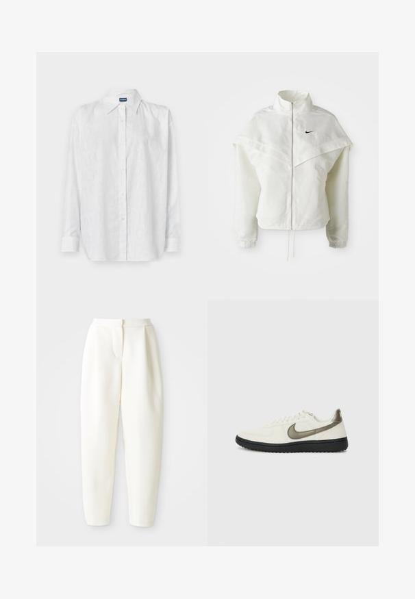 Fehér, hosszú ujjú, zipzáras dzseki magas gallérral, a vállakon lebegő, köpenyszerű résszel, rugalmas mandzsettákkal és kis fekete Nike logóval a mellkason.; Fehér, gombos ing, amely finom tónusos logómintával, hosszú ujjaival és klasszikus gallérjával rendelkezik. Simogatós, könnyű anyagból készült.; Magas derékú, tapered fehér nadrág, rejtett elülső záródással és oldalsó zsebekkel, sima fehér háttér előtt bemutatva.; Nike Sportswear FIELD GENERAL - Sportcipő - off-white/black