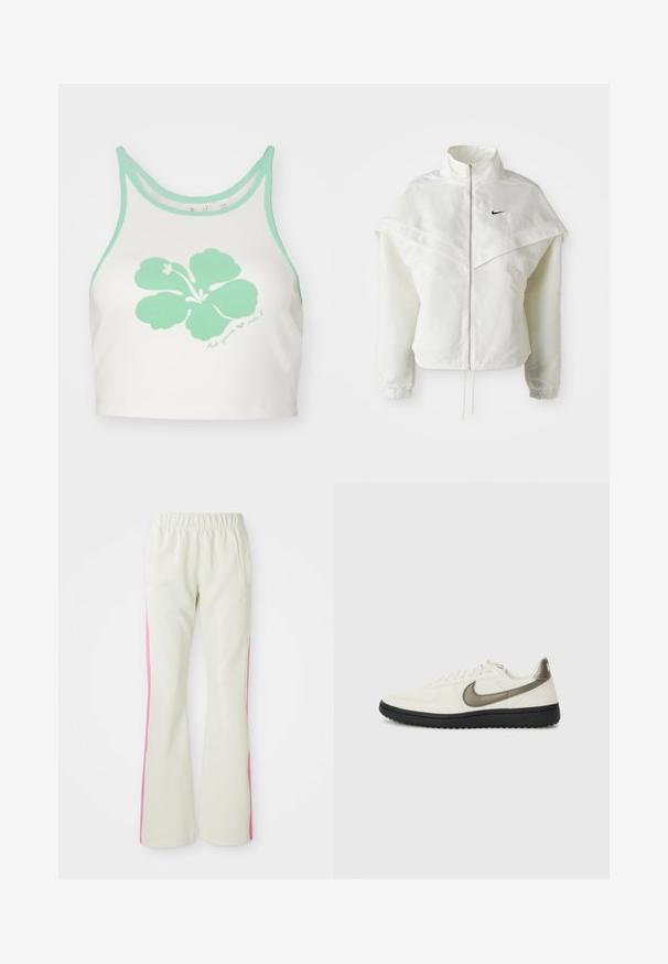Witte lange mouwen zip-up jas met hoge kraag, cape-achtige details over de schouders, elastische manchetten en een klein zwart Nike-logo op de borst.; Witte crop top met mintgroene afwerking en een grote mintgroene hibiscusbloemgrafiek op de voorkant, met daaronder een handgeschreven tekstdetail.; Lichtbeige broek met een elastische tailleband, voorzien van roze zijpanelen en zijzakken. Gladde textuur met een recht gesneden pasvorm.; Nike Sportswear FIELD GENERAL - Sneakers laag - off-white/black