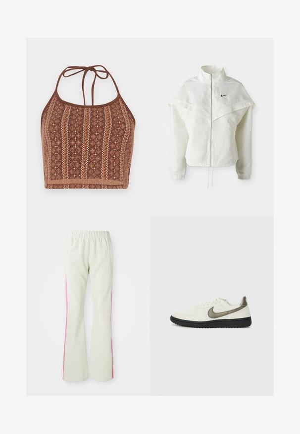 Balta ilga rankovė zip-up striukė su aukštu apykakle, švarkelio tipo detalėmis ant pečių, elastingomis rankovėmis ir mažuoju juodu Nike logotipu ant krūtinės.; Rudas raštuotas halter stilius trumpos viršutinės dalies, su geometriniais dizainais ir kreminės baltos spalvos akcentais, reguliuojamais kaklo raiščiais ir minkštu tekstūriniu paviršiumi.; Šviesiai smėlio spalvos kelnės su elastinga juosmens juosta, turinčios rožinius šoninius panelius ir šonines kišenes. Lygi tekstūra su tiesiomis kojomis.; Nike Sportswear FIELD GENERAL - Sportbačiai - off-white/black