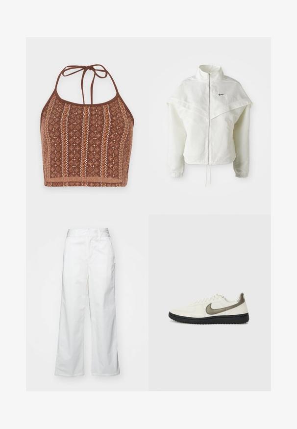 Veste zippée à manches longues blanche avec col haut, détail de type cape sur les épaules, poignets élastiques et petit logo Nike noir sur la poitrine.; Top crop halter à motifs marron, présentant des designs géométriques avec des accents blanc cassé, des liens au cou ajustables et une finition douce et texturée.; Pantalons oversized blancs en coton, avec une texture lisse, une coupe droite, des poches avant et un ourlet soigné.; Nike Sportswear FIELD GENERAL - Baskets basses - off-white/black