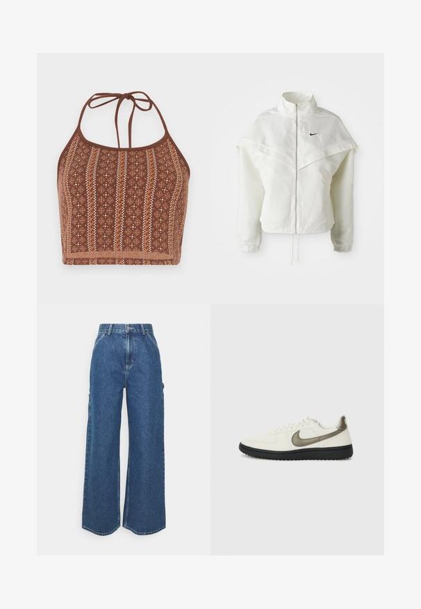 White long-sleeve zip-up jacket with high collar, cape-like detail across shoulders, elastic cuffs, and small black Nike logo on chest.; Brown patterned halter crop top featuring geometric designs with off-white accents, adjustable neck ties, and a soft textured finish.; Wide-leg blue denim trousers with a high waist, contrasting stitching, and side pockets, featuring a classic five-pocket design and raw hems.; Nike Sportswear FIELD GENERAL - Trainers - off-white/black