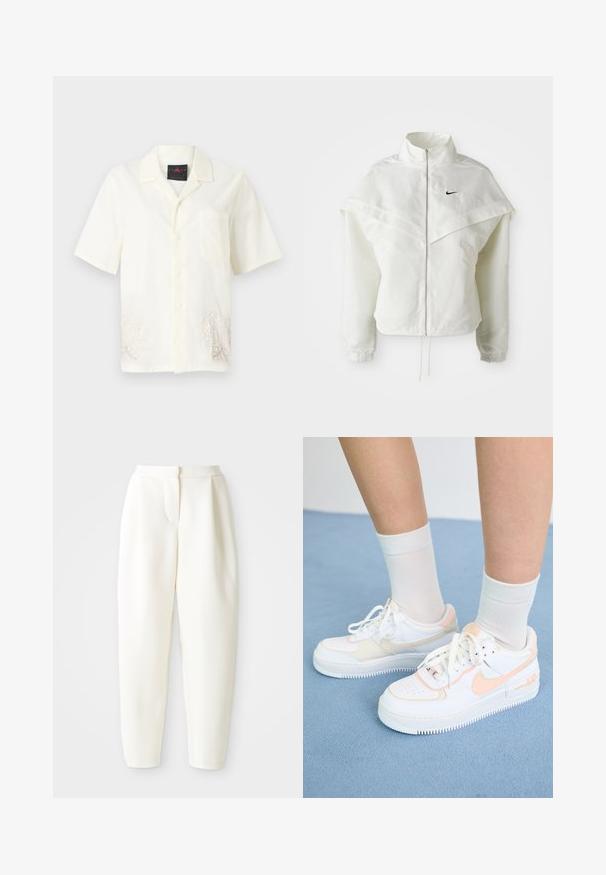 Valge pikkade varrukatega tõmblukuga jakk kõrge kraega, kätetooted, mis meenutavad katet õlgadel, elastsete mansettidega ja väikese musta Nike logoga rinnal.; Lühikeste varrukatega, nööpidega särk kreemjas kangas, esitaskuga ja heledate tikitud lillemotiividega hemiku lähedal. Pehme tekstuur.; Kõrge vöökoht ja kitsenevad valged püksid peidetud esiklõike ja küljetaskutega, esitlemine lihtsa valge tausta ees.; Valged tossud virsiku aktsentidega, siledast nahast ülemine osa, perforatsiooni mustri pool, tekstureeritud talla ja paeltega. Kantud valgete lühikeste sokkidega sinisel pinnal.