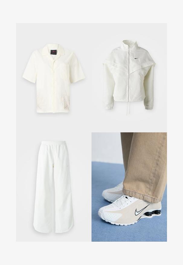 Veste zippée à manches longues blanche avec col haut, détail de type cape sur les épaules, poignets élastiques et petit logo Nike noir sur la poitrine.; Chemise à manches courtes, boutonnée, en tissu crème avec une poche poitrine et de légers motifs floraux brodés près de l'ourlet. Texture douce.; Pantalons de sport larges blancs avec une taille côtelée et un discret logo. Tissu lisse avec une coupe décontractée et un bas effilé.; Baskets Nike blanches et beiges avec un design perforé, logo swoosh noir, tige texturée et un talon noir distinctif et élastique.
