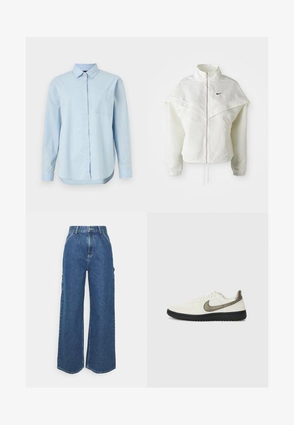 Balta ilga rankovė zip-up striukė su aukštu apykakle, švarkelio tipo detalėmis ant pečių, elastingomis rankovėmis ir mažuoju juodu Nike logotipu ant krūtinės.; Šviesiai mėlynas marškinėlių tipo švarkas, pagamintas iš medvilnės, su klasikiniais apykaklėmis, ilgomis rankovėmis, viena krūtinės kišene ir išlenktu apačios kraštu.; Plačios mėlynos džinsinės kelnes su aukštu juosmeniu, kontrastingais siūlais ir šoninėmis kišenėmis, turinčios klasikinį penkių kišenių dizainą ir brutalius kraštus.; Nike Sportswear FIELD GENERAL - Sportbačiai - off-white/black