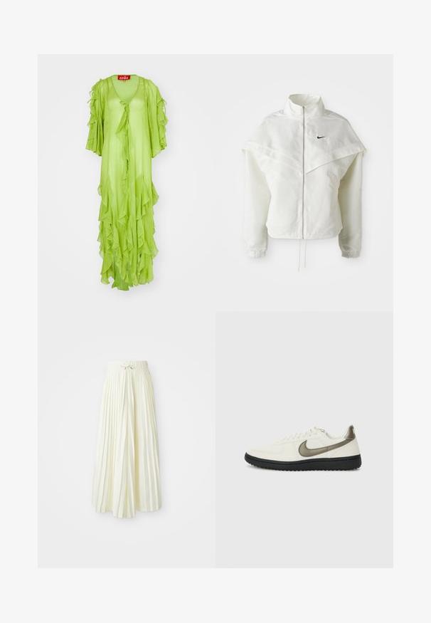 Hvid langærmet zip-up jakke med høj krave, kappe-lignende detaljer over skuldrene, elastiske manchetter og lille sort Nike-logo på brystet.; Limegrøn lang kjole med flæsedetaljer, V-udskæring og vide ærmer, der har en båndlukning foran. Letvægts, flydende stof.; Plisseret midi-nederdel i lys gul stof, med elastisk talje og bindebånd, glat tekstur og lodrette striber for ekstra detaljer.; Nike Sportswear FIELD GENERAL - Sneakers - off-white/black