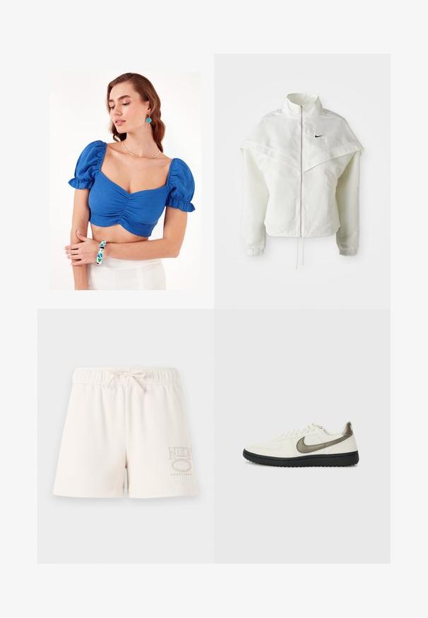 Balta garās piedurknes ar rāvējslēdzēju jaka ar augstu apkakli, apmetņa līdzīga detaļa uz pleciem, elastīgas aproces un mazs melns Nike logotips uz krūtīm.; Zils īsais tops ar pūkainām piedurknēm un saplacinātu priekšējo daļu. Modelis valkā ģeometrisku rakstu bangli un vienkāršu kaklarotu. Fons ir vienkārši balts.; Gai beige kokvilnas šorti ar elastīgu jostasvietu, regulējamu auklu un "NIKE SPORTSWEAR" logo, kas printed gaismas brūnā krāsā sānos.; Nike Sportswear FIELD GENERAL - Treniņu apavi - off-white/black