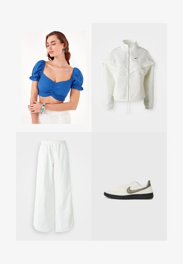 Balta ilga rankovė zip-up striukė su aukštu apykakle, švarkelio tipo detalėmis ant pečių, elastingomis rankovėmis ir mažuoju juodu Nike logotipu ant krūtinės.; Mėlynas trumpas topas su pūstomis rankovėmis ir raukšlėta priekiu. Modelis dėvi geometrijos rašto apyrankę ir paprastą kaklo grandinėlę. Fonas vienspalvis, baltas.; Balti sportiniai keliai su platėjančiomis kojomis, su įtemptu juosmeniu ir subtilia logotipo detale. Lygus audinys, laisvas kirpimas ir siaurėjantis apatinis kraštas.; Nike Sportswear FIELD GENERAL - Sportbačiai - off-white/black