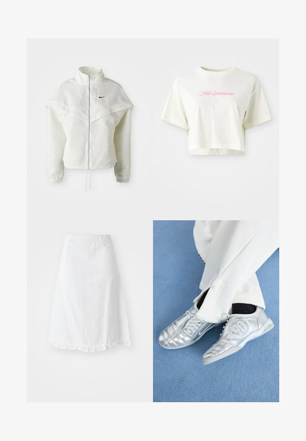 Fehér, hosszú ujjú, zipzáras dzseki magas gallérral, a vállakon lebegő, köpenyszerű résszel, rugalmas mandzsettákkal és kis fekete Nike logóval a mellkason.; Rövid ujjú, krém színű, pamutból készült póló. A bal mellrészen rózsaszín hímezett logó található, amelyen a "Nike Sportwear" felirat olvasható. Kerek nyakú.; Fehér szoknya, gumis derékkal, texturált mintázattal és fodros alsó szélekkel. Egyszerű A-vonalú design.; Ezüst sportcipők sima, fényes felülettel, varrott mintázattal és a 90-es számmal az oldalán, fehér nadrággal párosítva.