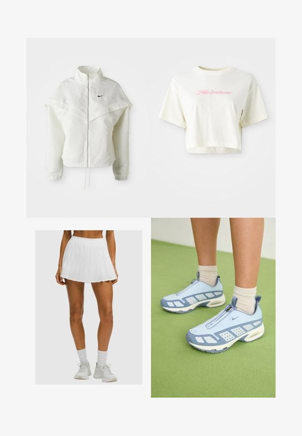 Balta garās piedurknes ar rāvējslēdzēju jaka ar augstu apkakli, apmetņa līdzīga detaļa uz pleciem, elastīgas aproces un mazs melns Nike logotips uz krūtīm.; Izgriezta, krēmkrāsas T-kreklu, kas izgatavots no kokvilnas. Piedāvā rozā izšūtu logotipu ar uzrakstu "Nike Sportwear". Īsas piedurknes un apaļa izgriezuma kakla vieta.; Gaiši brūnas kājas, ģērbtas baltā plisētā tenisa svārku, baltās tūbiņās un baltās sporta kedās uz vienkārša fona.; Gaiši zili sporta apavi ar baltajiem akcentiem, teksturētām paneļiem un ar rāvējslēdzēja aizdari. Raksturīga redzama gaisa amortizācijas zole un gumijas zole.