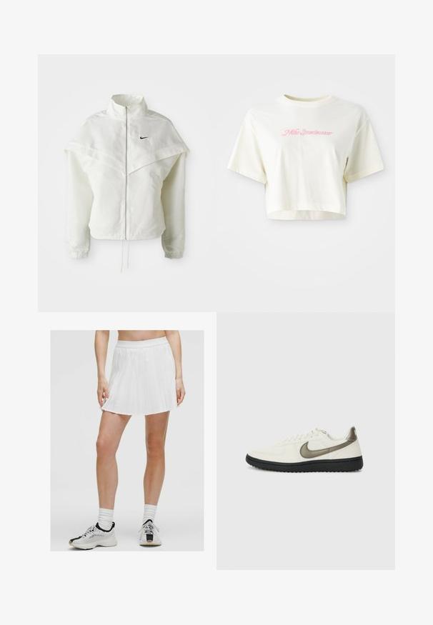 Bela jakna z dolgimi rokavi in zadrgo, visokim ovratnikom, plaščastim detajlom čez ramena, elastičnimi manšetami in majhnim črnim logotipom Nike na prsih.; Skrajšana, krema barve majica iz bombaža. Ima roza vezen logotip z napisom "Nike Sportwear." Ima kratke rokave in okroglo ovratnik.; Bela mini krila z gubami in širokim pasom, v kombinaciji s črnimi in belimi športnimi čevlji. Teksturna tkanina s ostrimi gubami.; Nike Sportswear FIELD GENERAL - Športni copati - off-white/black