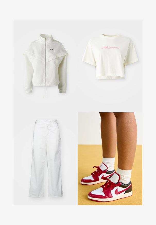 Valge pikkade varrukatega tõmblukuga jakk kõrge kraega, kätetooted, mis meenutavad katet õlgadel, elastsete mansettidega ja väikese musta Nike logoga rinnal.; Lühendatud, kreemjas värvi t-särk, mis on valmistatud puuvillast. Omab roosa tikandiga logot, millel on kiri "Nike Sportwear". Lühikesed varrukad ja ümmargune kaelus.; Valged laiad püksid, mis on valmistatud puuvillast, omavad siledat tekstuuri, sirget lõiget, eesmine taskud ja puhtad äärised.; Jordan AIR JORDAN 1 LOW - Tossud - white/gym red/black/sail