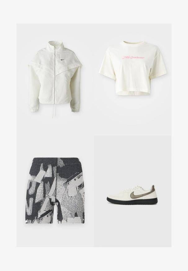 Bela jakna z dolgimi rokavi in zadrgo, visokim ovratnikom, plaščastim detajlom čez ramena, elastičnimi manšetami in majhnim črnim logotipom Nike na prsih.; Skrajšana, krema barve majica iz bombaža. Ima roza vezen logotip z napisom "Nike Sportwear." Ima kratke rokave in okroglo ovratnik.; Črno-bela kratka oblačila z vzorcem in reliefno teksturo. Oblikovanje vključuje abstraktne oblike in črte. Elastičen pas za udobno prileganje.; Nike Sportswear FIELD GENERAL - Športni copati - off-white/black