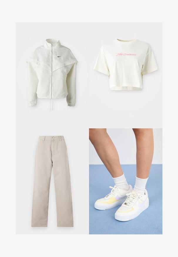 Balta garās piedurknes ar rāvējslēdzēju jaka ar augstu apkakli, apmetņa līdzīga detaļa uz pleciem, elastīgas aproces un mazs melns Nike logotips uz krūtīm.; Izgriezta, krēmkrāsas T-kreklu, kas izgatavots no kokvilnas. Piedāvā rozā izšūtu logotipu ar uzrakstu "Nike Sportwear". Īsas piedurknes un apaļa izgriezuma kakla vieta.; Bēšas taisnas kājas bikses, izgatavotas no gludas kokvilnas. Ar pogu aizdari, jostu cilpiņām un sānu kabatām. Vienkāršs, tīrs dizains.; Balti ādas sporta apavi ar dzelteniem un lavandas akcentiem, apaļa purngala forma, plakani šņores un teksturēta gumijas zole. Valkāti ar baltām zeķēm.