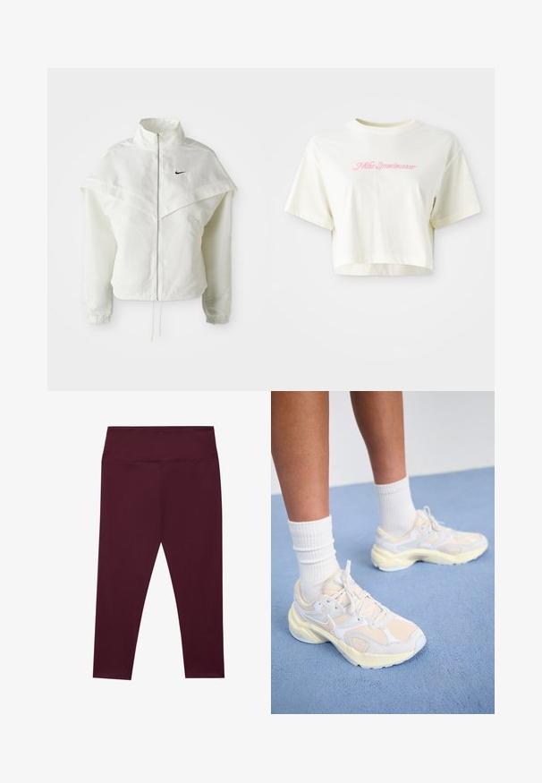 Jachetă albă cu mâneci lungi, cu fermoar, guler înalt, detalii asemănătoare unei capele pe umeri, manșete elastice și un mic logo Nike negru pe piept.; Tricou scurt, de culoare crem, realizat din bumbac. Prezintă un logo brodat roz care spune "Nike Sportswear". Are mâneci scurte și guler rotund.; Leggings bordeaux cu talie înaltă, realizate dintr-un material neted și elastic. Prezintă un design fără cusături și fără buzunare externe.; Pantofi sport eleganți, în galben deschis și alb, cu materiale din plasă și sintetice, o formă rotunjită și tălpi texturate.