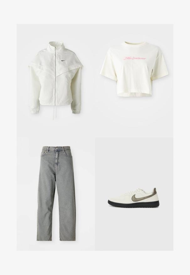 Bjela jakna dugih rukava s patentnim zatvaračem i visokim ovratnikom, s kapastim detaljima preko ramena, elastičnim manžetama i malim crnim Nike logom na prsima.; Skraćena, krem boje majica od pamuka. Ima ružičasti izvezeni logo s natpisom "Nike Sportwear." Kratki rukavi i okrugli izrez.; Svijetlosivi traperice s ravnim nogavicama, s prednjim kopčanjem na dugme, pet džepova i suptilnim izbljeđivanjem.; Nike Sportswear FIELD GENERAL - Tenisice - off-white/black