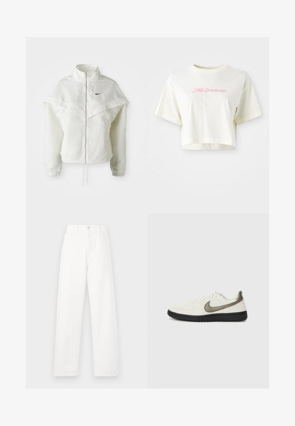 Fehér, hosszú ujjú, zipzáras dzseki magas gallérral, a vállakon lebegő, köpenyszerű résszel, rugalmas mandzsettákkal és kis fekete Nike logóval a mellkason.; Rövid ujjú, krém színű, pamutból készült póló. A bal mellrészen rózsaszín hímezett logó található, amelyen a "Nike Sportwear" felirat olvasható. Kerek nyakú.; Fehér farmernadrág magas derekú, egyenes szabású, látható varrással, öt zsebes stílussal és fémből készült gombos záródással.; Nike Sportswear FIELD GENERAL - Sportcipő - off-white/black