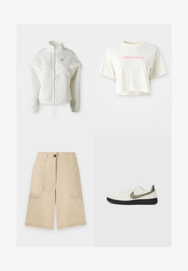 Hvit langermet jakke med glidelås og høy krage, kappe-lignende detaljer over skuldrene, elastiske mansjetter, og liten svart Nike-logo på brystet.; Beskåret kremfarget t-skjorte laget av bomull. Har en rosa brodert logo med teksten "Nike Sportswear." Korte ermer og rund hals.; Beige linshorts med to sidelommer, knappelukking foran, rett snitt og en jevn tekstur. Rent design uten mønstre.; Nike Sportswear FIELD GENERAL - Joggesko - off-white/black