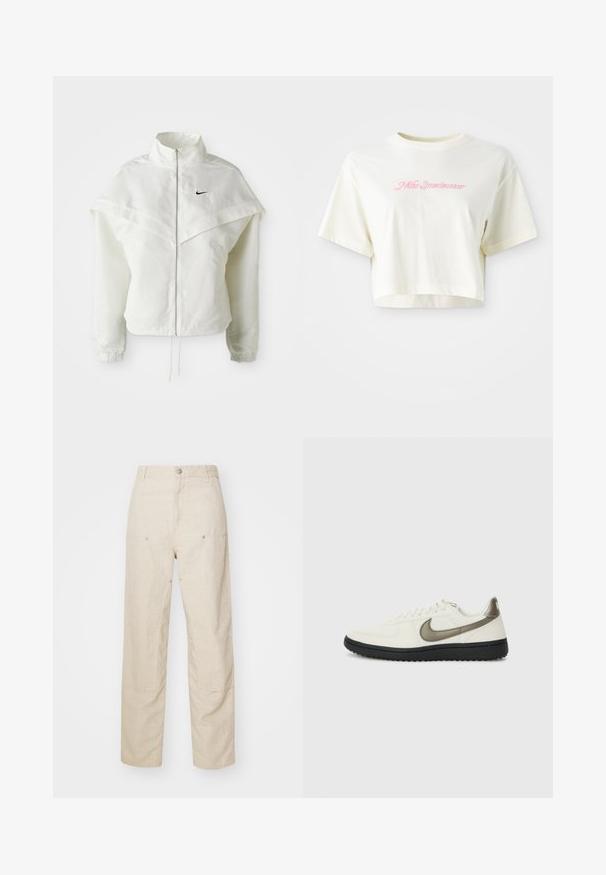 Bílá dlouhá zipová bunda s vysokým límcem, pláštěnkovým detailem přes ramena, elastickými manžetami a malým černým logem Nike na hrudi.; Zkrácené tričko v krémové barvě vyrobené z bavlny. Má růžovou vyšívanou nášivku s nápisem "Nike Sportwear." Krátké rukávy a kulatý výstřih.; Béžové lněné kalhoty s volným střihem, s bočními kapsami a ozdobným prošíváním, bezešvým pasem a rovnými nohavicemi.; Nike Sportswear FIELD GENERAL - Tenisky - off-white/black