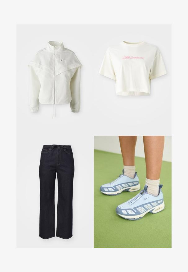 Hvit langermet jakke med glidelås og høy krage, kappe-lignende detaljer over skuldrene, elastiske mansjetter, og liten svart Nike-logo på brystet.; Beskåret kremfarget t-skjorte laget av bomull. Har en rosa brodert logo med teksten "Nike Sportswear." Korte ermer og rund hals.; Mørkeblå denimbukser med høy midje, vide ben og belte med knytte. Har standard sømmer og en ren hem.; Lyseblå treningssko med hvite detaljer, strukturerte paneler og glidelås. Har en synlig luftputesåle og gummisåle.