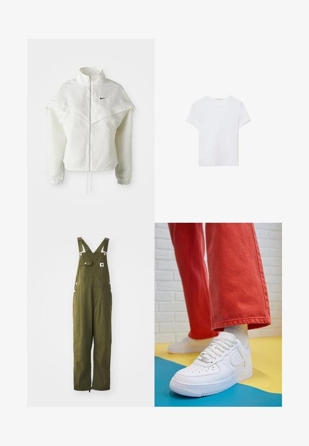 Veste zippée à manches longues blanche avec col haut, détail de type cape sur les épaules, poignets élastiques et petit logo Nike noir sur la poitrine.; T-shirt blanc à manches courtes en tissu doux. Dispose d'un col rond et d'un design simple et épuré avec un ourlet droit.; Salopette en coton vert olive avec bretelles réglables, poche avant, boutons-pression et coupe ample. Dotée de bas de jambe avec des ajusteurs élastiques.; Baskets blanches en cuir avec une boîte à orteils perforée, semelle texturée et lacets blancs, associées à un large pantalon rouge et un fond bleu et jaune.