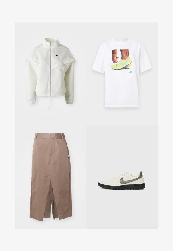 Jaqueta branca de mangas longas com fecho éclair e gola alta, detalhe tipo capa nos ombros, punhos elásticos e pequeno logótipo preto da Nike no peito.; T-shirt branco de algodão com uma gráfica de pés em chuteiras Nike amarelas com detalhes azuis, combinado com uma pulseira no pulso esquerdo.; Saia de algodão castanha com um design reto, apresentando uma fenda frontal, bolsos laterais e uma cintura padrão. Textura suave e costuras ajustadas.; Nike Sportswear FIELD GENERAL - Sapatilhas - off-white/black