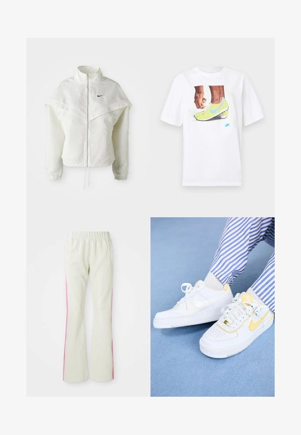 White long-sleeve zip-up jacket with high collar, cape-like detail across shoulders, elastic cuffs, and small black Nike logo on chest.; White cotton t-shirt featuring a graphic of feet in yellow Nike cleats with blue accents, paired with a bracelet on the left wrist.; Light beige pants with an elastic waistband, featuring pink side panels and side pockets. Smooth texture with a straight-leg design.; White Nike Air Force 1 sneakers with yellow accents and perforated toe box, paired with striped blue and white pants. Textured blue background.
