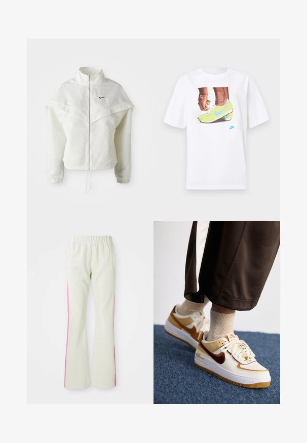 Hvit langermet jakke med glidelås og høy krage, kappe-lignende detaljer over skuldrene, elastiske mansjetter, og liten svart Nike-logo på brystet.; Hvit bomull t-skjorte med et grafisk motiv av føtter i gule Nike fotballsko med blå detaljer, kombinert med et armbånd på venstre håndledd.; Lys beige bukser med elastisk linning, med rosa sidepaneler og sidelommer. Glatt tekstur med rett ben-design.; Nike Sportswear AIR FORCE 1 SHADOW - Joggesko - sail/cacao wow/flax/sesame/white/light brown