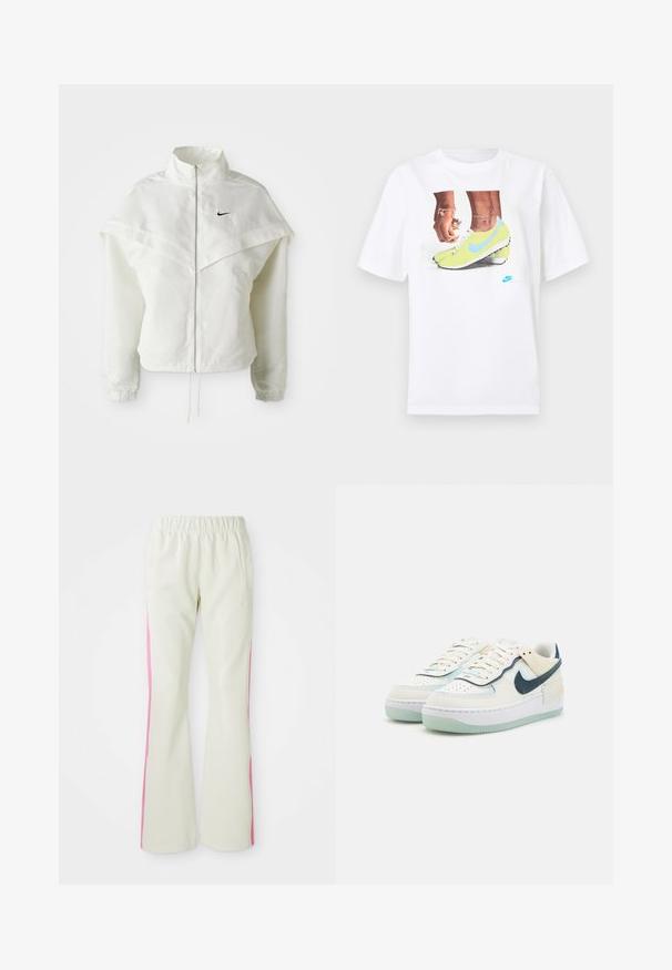 Hvit langermet jakke med glidelås og høy krage, kappe-lignende detaljer over skuldrene, elastiske mansjetter, og liten svart Nike-logo på brystet.; Hvit bomull t-skjorte med et grafisk motiv av føtter i gule Nike fotballsko med blå detaljer, kombinert med et armbånd på venstre håndledd.; Lys beige bukser med elastisk linning, med rosa sidepaneler og sidelommer. Glatt tekstur med rett ben-design.; Hvit sneakers med en glatt skinnøvre, lyseblå detaljer, perforert tåboks og en gjennomsiktig mintgrønn såle. Har en markant mørkeblå swoosh.