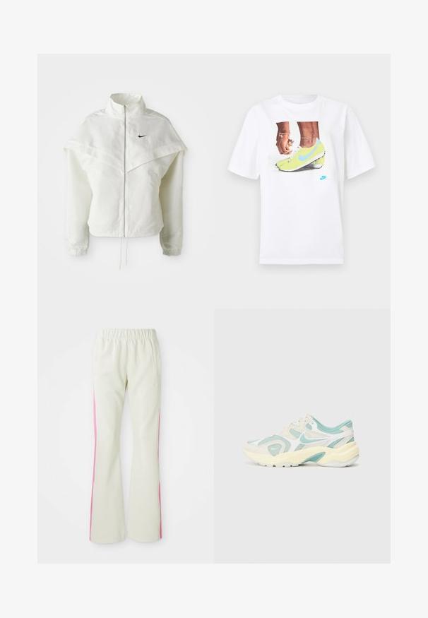Jaqueta branca de mangas longas com fecho éclair e gola alta, detalhe tipo capa nos ombros, punhos elásticos e pequeno logótipo preto da Nike no peito.; T-shirt branco de algodão com uma gráfica de pés em chuteiras Nike amarelas com detalhes azuis, combinado com uma pulseira no pulso esquerdo.; Calças bege claras com uma cintura elástica, apresentando painéis laterais cor-de-rosa e bolsos laterais. Textura suave com um design de perna reta.; Chuteira atlética azul claro e creme, com materiais de malha e camurça, sola robusta e um design ondulado distintivo com um swoosh branco.