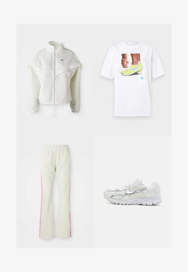 White long-sleeve zip-up jacket with high collar, cape-like detail across shoulders, elastic cuffs, and small black Nike logo on chest.; White cotton t-shirt featuring a graphic of feet in yellow Nike cleats with blue accents, paired with a bracelet on the left wrist.; Light beige pants with an elastic waistband, featuring pink side panels and side pockets. Smooth texture with a straight-leg design.; White athletic shoes with silver accents, mesh upper, textured sides, cushioned sole, and a distinctive pattern on the back.