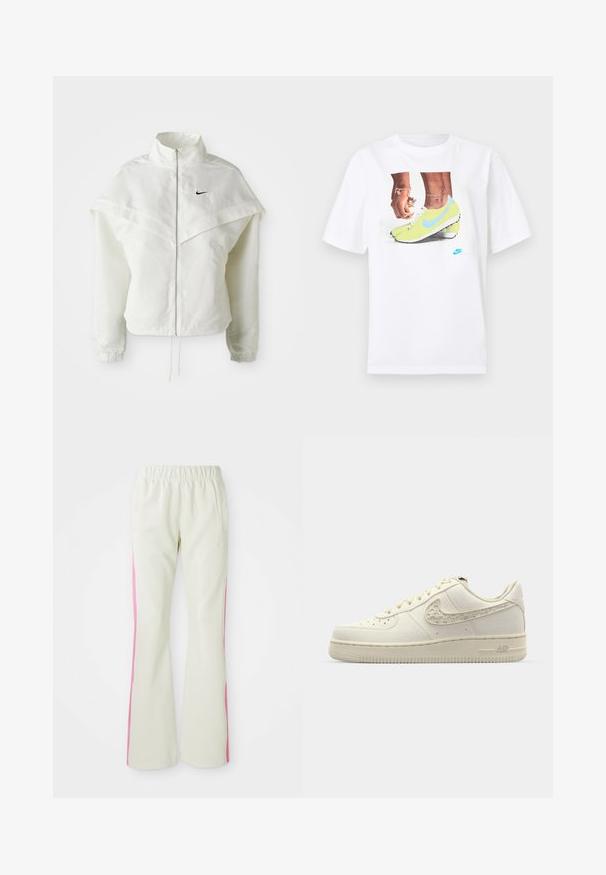 White long-sleeve zip-up jacket with high collar, cape-like detail across shoulders, elastic cuffs, and small black Nike logo on chest.; White cotton t-shirt featuring a graphic of feet in yellow Nike cleats with blue accents, paired with a bracelet on the left wrist.; Light beige pants with an elastic waistband, featuring pink side panels and side pockets. Smooth texture with a straight-leg design.; Nike Air Force 1 sneakers in off-white canvas, featuring a textured swoosh, round toe, flat laces, and a patterned rubber sole.