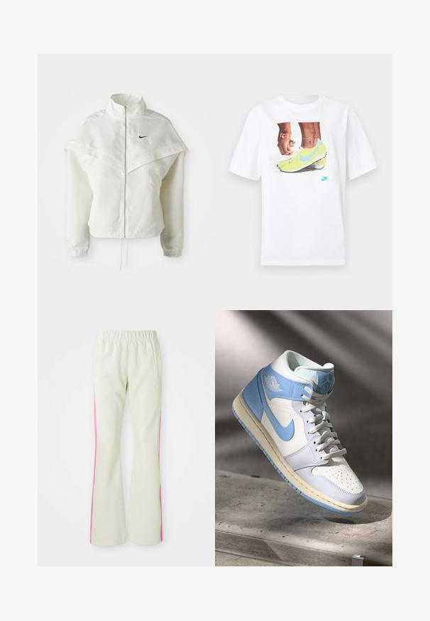 White long-sleeve zip-up jacket with high collar, cape-like detail across shoulders, elastic cuffs, and small black Nike logo on chest.; White cotton t-shirt featuring a graphic of feet in yellow Nike cleats with blue accents, paired with a bracelet on the left wrist.; Light beige pants with an elastic waistband, featuring pink side panels and side pockets. Smooth texture with a straight-leg design.; High-top Nike Air Jordan sneaker in white and light blue leather, suspended above a concrete surface with gray blurred background.