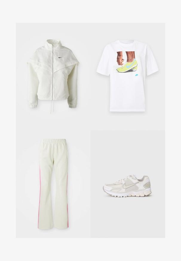 Bjela jakna dugih rukava s patentnim zatvaračem i visokim ovratnikom, s kapastim detaljima preko ramena, elastičnim manžetama i malim crnim Nike logom na prsima.; Bijela pamučna majica s grafikom stopala u žutim Nike kopačkama s plavim akcentima, uparena s narukvicom na lijevom zapešću.; Svijetloplave hlače s elastičnim pojasom, s ružičastim bočnim panelima i bočnim džepovima. Glatka tekstura s ravnim krojem.; Bijela atletska cipela od mrežastih i sintetičkih materijala. Ima teksturirani dizajn, podstavljeni ovratnik i geometrijske akcentne detalje na peti.