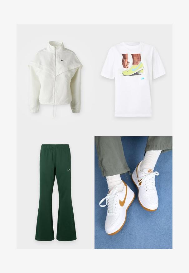 Bílá dlouhá zipová bunda s vysokým límcem, pláštěnkovým detailem přes ramena, elastickými manžetami a malým černým logem Nike na hrudi.; Bílý bavlněný tričko s grafikou nohou v žlutých kopačkách Nike s modrými akcenty, doplněné náramkem na levém zápěstí.; Tmavě zelené Nike tepláky s elastickým pasem, bočními kapsami, rozšířenými nohavicemi a bílým logem Nike swoosh na levém stehně.; Nike Sportswear AIR FORCE 1 07 NEXT NATURE - Tenisky - white/flax