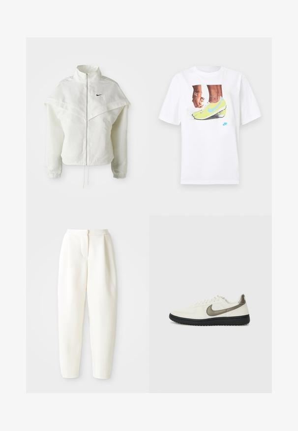 Hvit langermet jakke med glidelås og høy krage, kappe-lignende detaljer over skuldrene, elastiske mansjetter, og liten svart Nike-logo på brystet.; Hvit bomull t-skjorte med et grafisk motiv av føtter i gule Nike fotballsko med blå detaljer, kombinert med et armbånd på venstre håndledd.; Høytlivede, smale hvite bukser med skjult frontlukking og sidelommer, vist mot en ensfarget hvit bakgrunn.; Nike Sportswear FIELD GENERAL - Joggesko - off-white/black