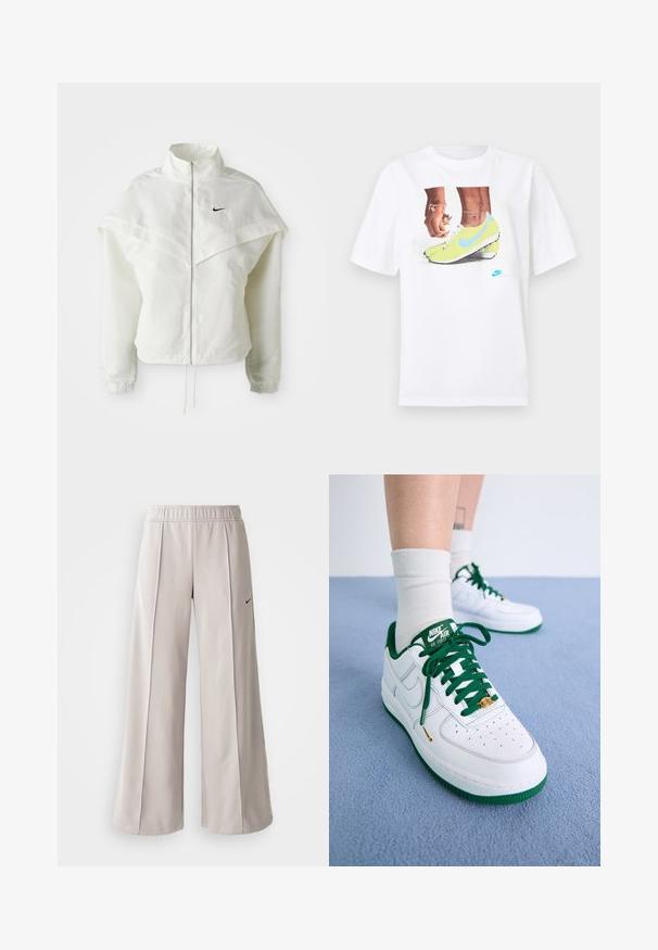 Jaqueta branca de mangas longas com fecho éclair e gola alta, detalhe tipo capa nos ombros, punhos elásticos e pequeno logótipo preto da Nike no peito.; T-shirt branco de algodão com uma gráfica de pés em chuteiras Nike amarelas com detalhes azuis, combinado com uma pulseira no pulso esquerdo.; Calças largas de tom cinza claro feitas de tecido suave. Apresentam uma cintura elástica e o logo da Nike em preto no lado esquerdo.; Tênis Nike Air Force 1 brancos em couro com detalhes em verde, cadarço e sola; apresentando bico perfurado e detalhe em dourado na área do cadarço.