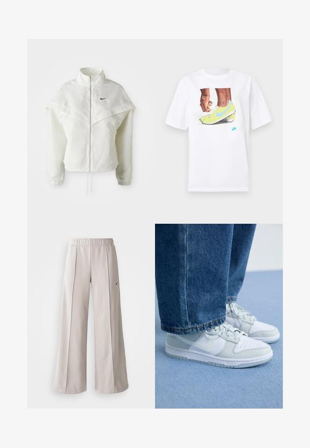 Valkoinen pitkähihainen vetoketjullinen takki korkealla kauluksella, viittamainen yksityiskohta olkapäillä, joustavat hihansuut ja pieni musta Nike-logo rinnassa.; Valkoinen puuvillainen t-paita, jossa on grafiikka keltaisista Nike-nilkkureista sinisillä yksityiskohdilla, yhdessä vasemman ranteen korun kanssa.; Vaaleanharmaat leveälahkeiset housut, jotka on valmistettu sileästä kankaasta. Niissä on joustava vyötärö ja musta Nike-logo vasemmalla puolella.; Valkoiset ja vaaleanharmaat nahkakengät Nike, joissa on rei'itetty kärki, litteät nauhat ja kumipohja, yhdistettynä sinisiin farkkuihin.