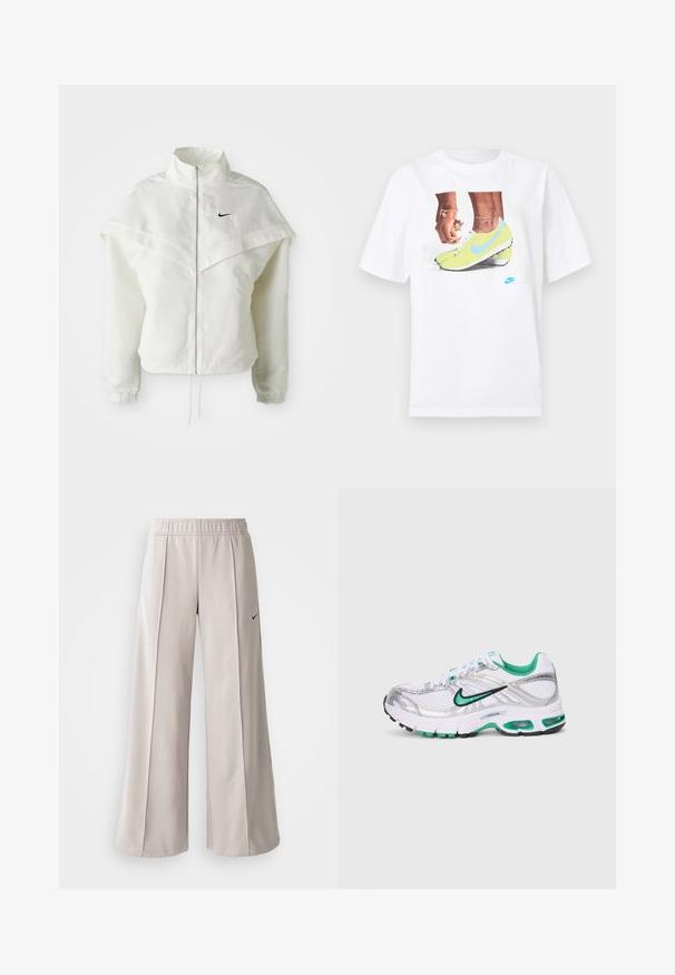 Jaqueta branca de mangas longas com fecho éclair e gola alta, detalhe tipo capa nos ombros, punhos elásticos e pequeno logótipo preto da Nike no peito.; T-shirt branco de algodão com uma gráfica de pés em chuteiras Nike amarelas com detalhes azuis, combinado com uma pulseira no pulso esquerdo.; Calças largas de tom cinza claro feitas de tecido suave. Apresentam uma cintura elástica e o logo da Nike em preto no lado esquerdo.; Sapatilha de corrida Nike em branco, prata e verde. Apresenta materiais em malha e sintéticos, colarinho acolchoado e sola amortecida com unidades de ar visíveis.