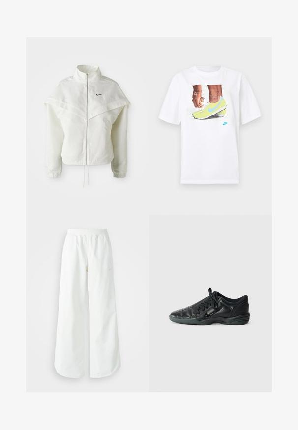 Λευκό ζακέτα με μακριά μανίκια και κλείσιμο με φερμουάρ, υψηλό γιακά, λεπτομέρεια που μοιάζει με κάπα στους ώμους, ελαστικούς μανσέτες και μικρό μαύρο λογότυπο Nike στο στήθος.; Λευκό βαμβακερό μπλουζάκι που απεικονίζει μια γραφική αναπαράσταση ποδιών με κίτρινα παπούτσια Nike και μπλε λεπτομέρειες, συνδυασμένο με ένα βραχιόλι στον αριστερό καρπό.; Λευκό αθλητικό παντελόνι σε φαρδιά γραμμή με ραμμένο ζώνη και διακριτική λεπτομέρεια λογότυπου. Απαλή υφή με άνετη εφαρμογή και στενό στρίφωμα.; Μαύρο αθλητικό παπούτσι από δέρμα με καπιτονέ σχέδιο, στρογγυλή μύτη, κορδόνια μπροστά και ελαστική σόλα. Διαθέτει διακριτική επωνυμία στο πλάι.