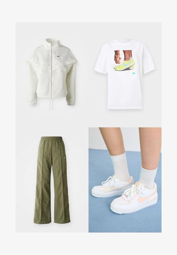 Jaqueta branca de mangas longas com fecho éclair e gola alta, detalhe tipo capa nos ombros, punhos elásticos e pequeno logótipo preto da Nike no peito.; T-shirt branco de algodão com uma gráfica de pés em chuteiras Nike amarelas com detalhes azuis, combinado com uma pulseira no pulso esquerdo.; Calças largas de cor verde-azeitona, feitas de um tecido leve, com um cós elástico e um pequeno logo branco à frente.; Sapatilhas brancas com detalhes em pêssego, parte superior em couro liso, biqueira perfurada, sola texturizada e atacadores. Usadas com meias brancas até ao tornozelo sobre uma superfície azul.