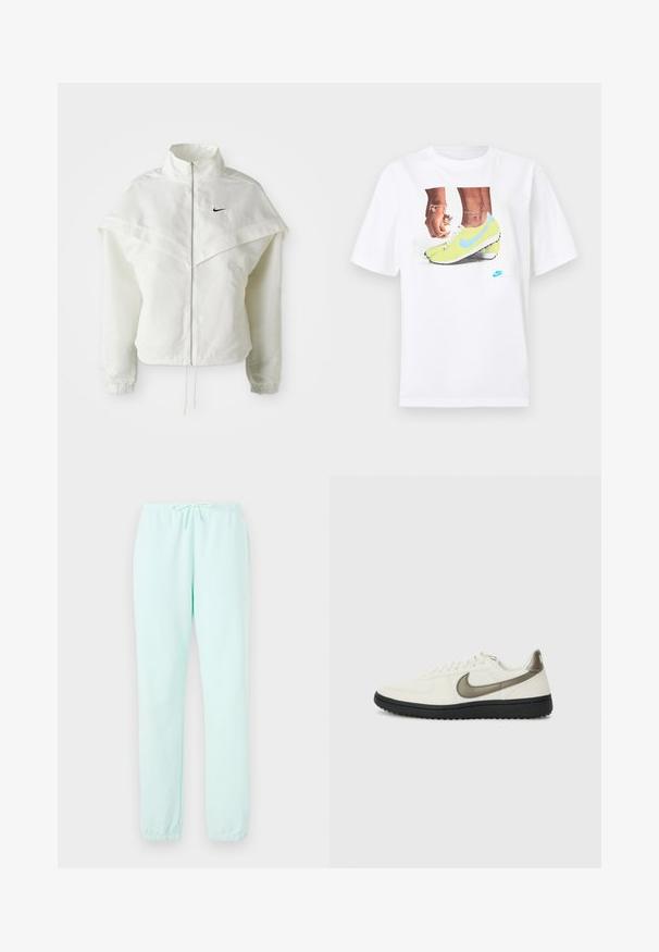 White long-sleeve zip-up jacket with high collar, cape-like detail across shoulders, elastic cuffs, and small black Nike logo on chest.; White cotton t-shirt featuring a graphic of feet in yellow Nike cleats with blue accents, paired with a bracelet on the left wrist.; Light mint green sweatpants made of soft fabric, featuring an elastic waistband with a drawstring and ribbed cuffs at the ankles.; Nike Sportswear FIELD GENERAL - Trainers - off-white/black