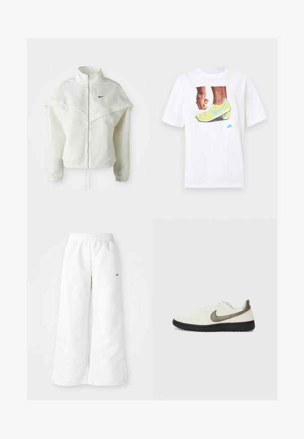 Hvit langermet jakke med glidelås og høy krage, kappe-lignende detaljer over skuldrene, elastiske mansjetter, og liten svart Nike-logo på brystet.; Hvit bomull t-skjorte med et grafisk motiv av føtter i gule Nike fotballsko med blå detaljer, kombinert med et armbånd på venstre håndledd.; Hvite treningsbukser med vid benutforming, elastisk midje og en liten svart Nike-logo på venstre side. Glatt, lett materiale.; Nike Sportswear FIELD GENERAL - Joggesko - off-white/black