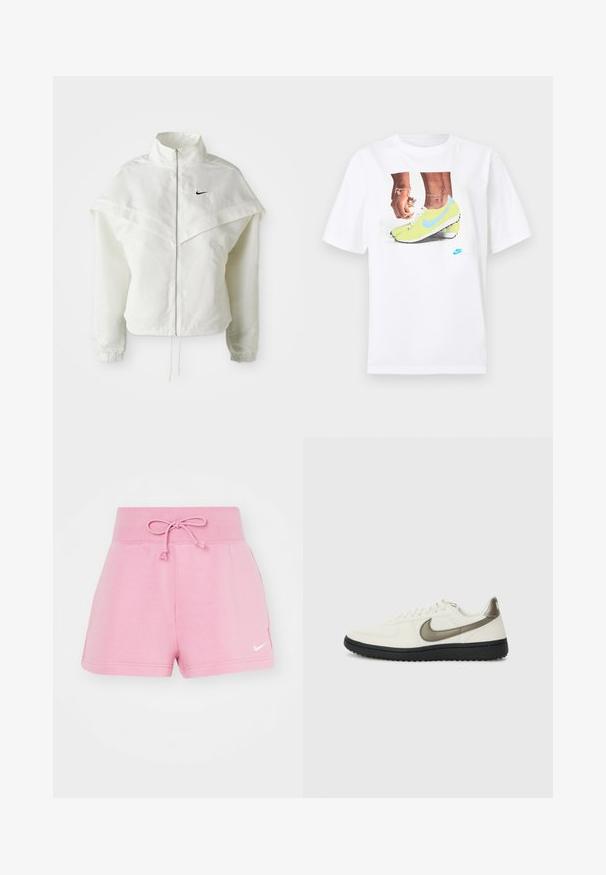 Jaqueta branca de mangas longas com fecho éclair e gola alta, detalhe tipo capa nos ombros, punhos elásticos e pequeno logótipo preto da Nike no peito.; T-shirt branco de algodão com uma gráfica de pés em chuteiras Nike amarelas com detalhes azuis, combinado com uma pulseira no pulso esquerdo.; Calções de algodão cor-de-rosa com uma cintura elástica e cordão. Apresenta bolsos laterais e um pequeno logótipo branco da Nike na perna.; Nike Sportswear FIELD GENERAL - Sapatilhas - off-white/black