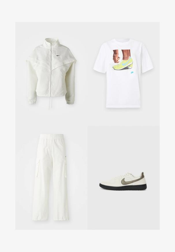 Hvit langermet jakke med glidelås og høy krage, kappe-lignende detaljer over skuldrene, elastiske mansjetter, og liten svart Nike-logo på brystet.; Hvit bomull t-skjorte med et grafisk motiv av føtter i gule Nike fotballsko med blå detaljer, kombinert med et armbånd på venstre håndledd.; Hvite cargo-bukser med bred bendesign, med elastisk livlinning og sidelommer. Strukturert stoff med en glatt finish.; Nike Sportswear FIELD GENERAL - Joggesko - off-white/black