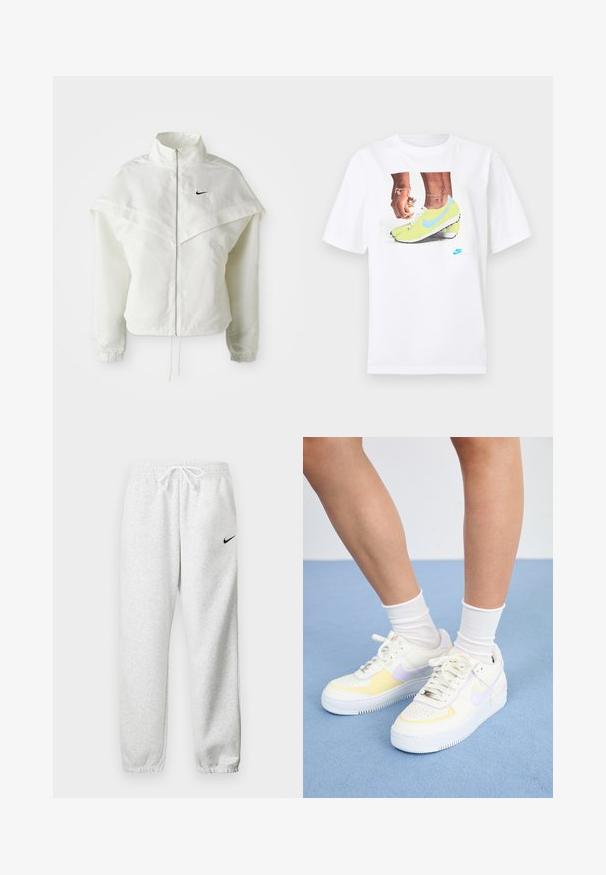 Giacca bianca a maniche lunghe con zip e colletto alto, dettaglio a mantella sulle spalle, polsini elasticizzati e piccolo logo Nike nero sul petto.; T-shirt bianco in cotone con una grafica di piedi che indossano scarpette Nike gialle con dettagli blu, abbinato a un braccialetto al polso sinistro.; Pantaloni della tuta grigi realizzati in un tessuto morbido, con una vita elastica e un cordino, e un piccolo logo Nike nero sulla coscia sinistra.; Sneakers bianchi in pelle con accenti gialli e lavanda, punta tonda, lacci piatti e suola in gomma texturizzata. Indossati con calzini bianchi.