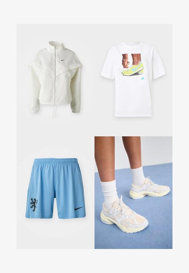 Witte lange mouwen zip-up jas met hoge kraag, cape-achtige details over de schouders, elastische manchetten en een klein zwart Nike-logo op de borst.; Witte katoenen t-shirt met een afbeelding van voeten in gele Nike voetbalschoenen met blauwe accenten, gecombineerd met een armband om de linkerpols.; Lichtblauwe sportshorts van ademend materiaal, met een zwart leeuwembleem op het linkerbeen en een zwart Nike-logo op de rechterkant.; Slanke sportieve schoenen in lichtgeel en wit, met een combinatie van mesh- en synthetische materialen, een afgeronde vorm en gestructureerde zolen.